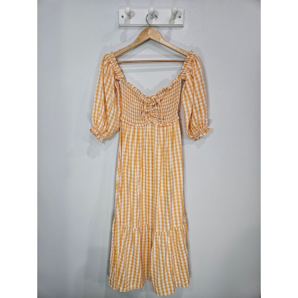 Hello Molly Orange Gingham Smocked Puff Sleeve Tiered Midi Dress Womens Small